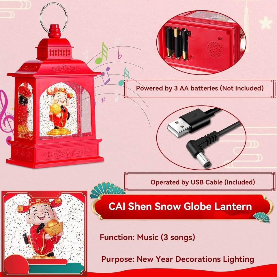 雪花球灯笼装饰品，带音乐灯、水闪雪花球和蔡神雕像，中国农历新年装饰品，USB和电池供电雪花球，春节礼物