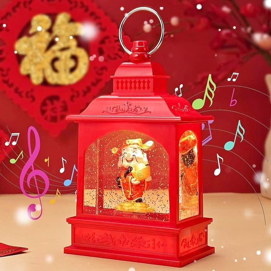 雪花球灯笼装饰品，带音乐灯、水闪雪花球和蔡神雕像，中国农历新年装饰品，USB和电池供电雪花球，春节礼物