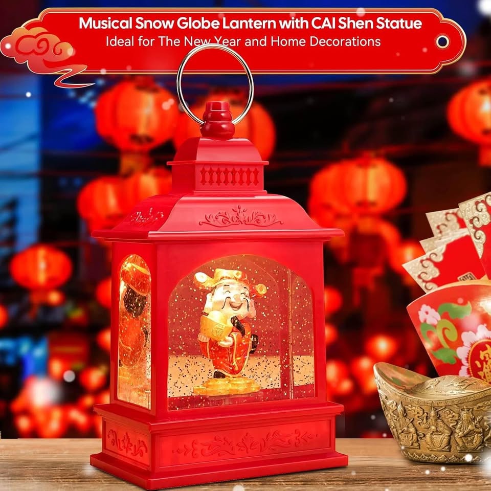 雪花球灯笼装饰品，带音乐灯、水闪雪花球和蔡神雕像，中国农历新年装饰品，USB和电池供电雪花球，春节礼物