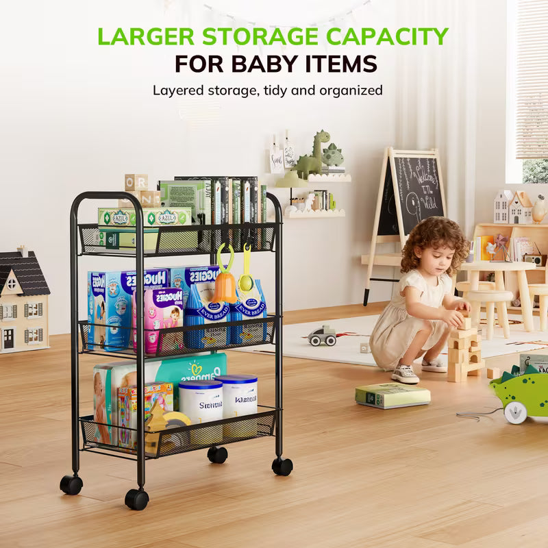 3-Tier Metal Rolling Utility Cart with Wheels & 4 Hooks – Mesh Storage Trolley for Kitchen, Bathroom & Laundry, Black