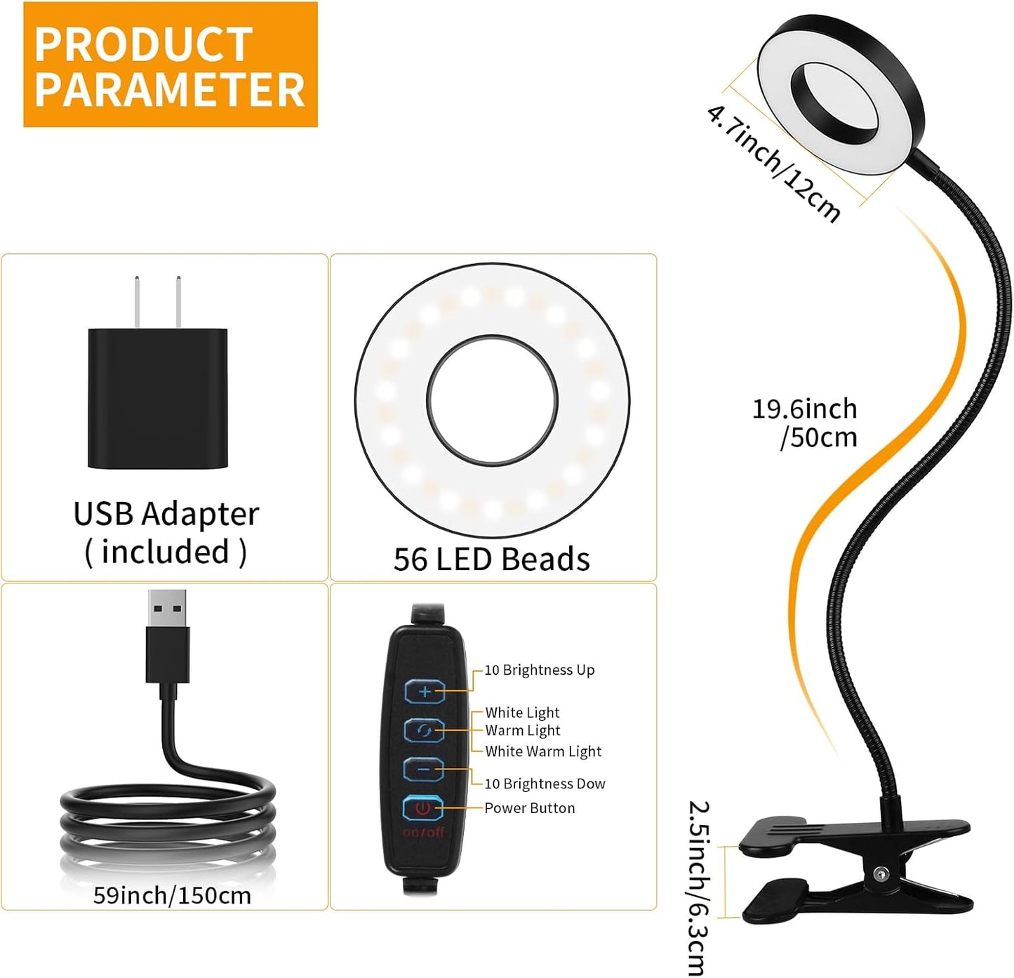 Desk Lamp, Eye Protection Clip on Ring Light, 48 LEDs USB Clip Light with 3 Color Modes 10 Dimmable Brightness, 360° Flexible Gooseneck Desk Light for Study, Read, Office, Dorm