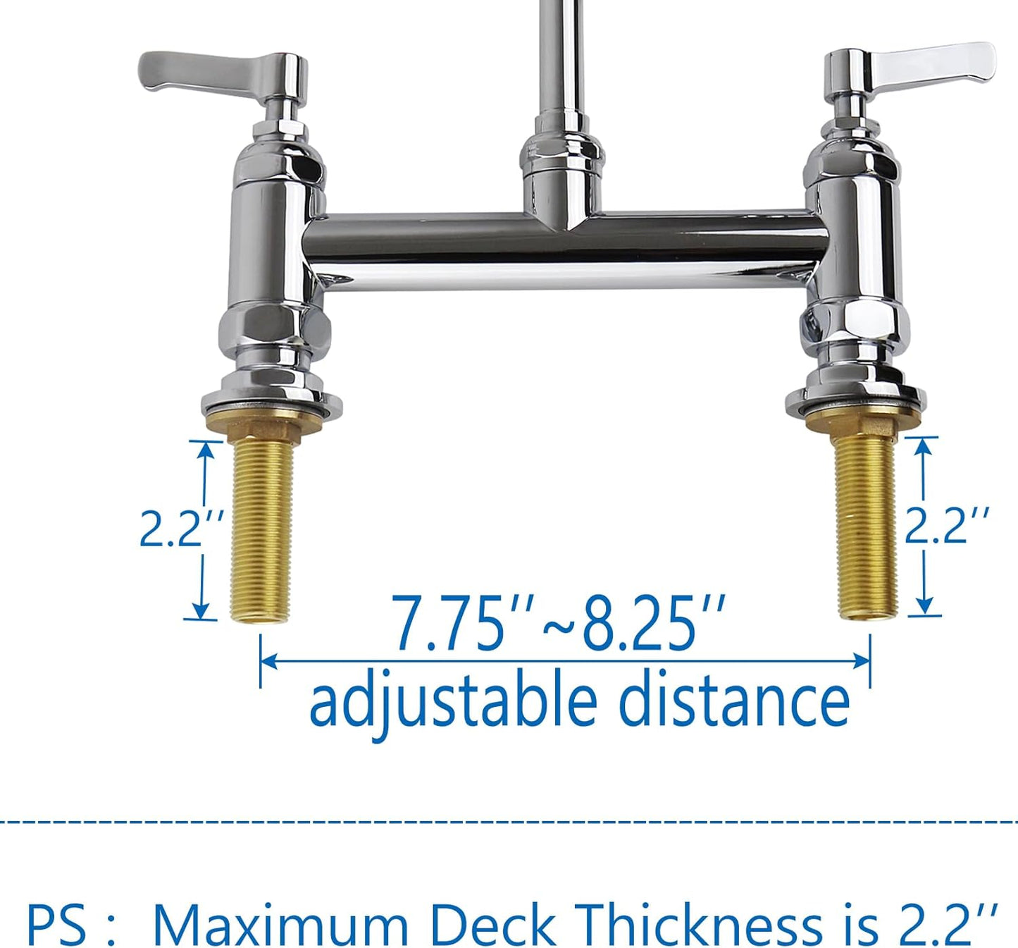Commercial Kitchen Faucet Deck Mount 8’’ Center with Pre-Rinse Sprayer 44’’ Height Kitchen Sink Faucet with 12’’ Add-on Swivel Spout Faucet and Coiled Spring Pull Down Spray