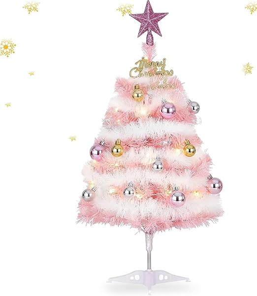 Mini Pink Christmas Tree, 24” Artificial Tabletop Christmas Tree with Lights & Hanging Ornaments, Small Desktop Xmas Tree for Party Supplies Home Indoor Decoration