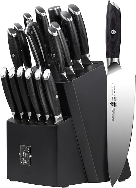 TUO Knife Block Set 17 PCS Kitchen Knife Set with Wooden Block, Honing Steel and Shears German X50CrMoV15 Steel with Full Tang Pakkawood Handle FALCON SERIES with Gift Box, Black