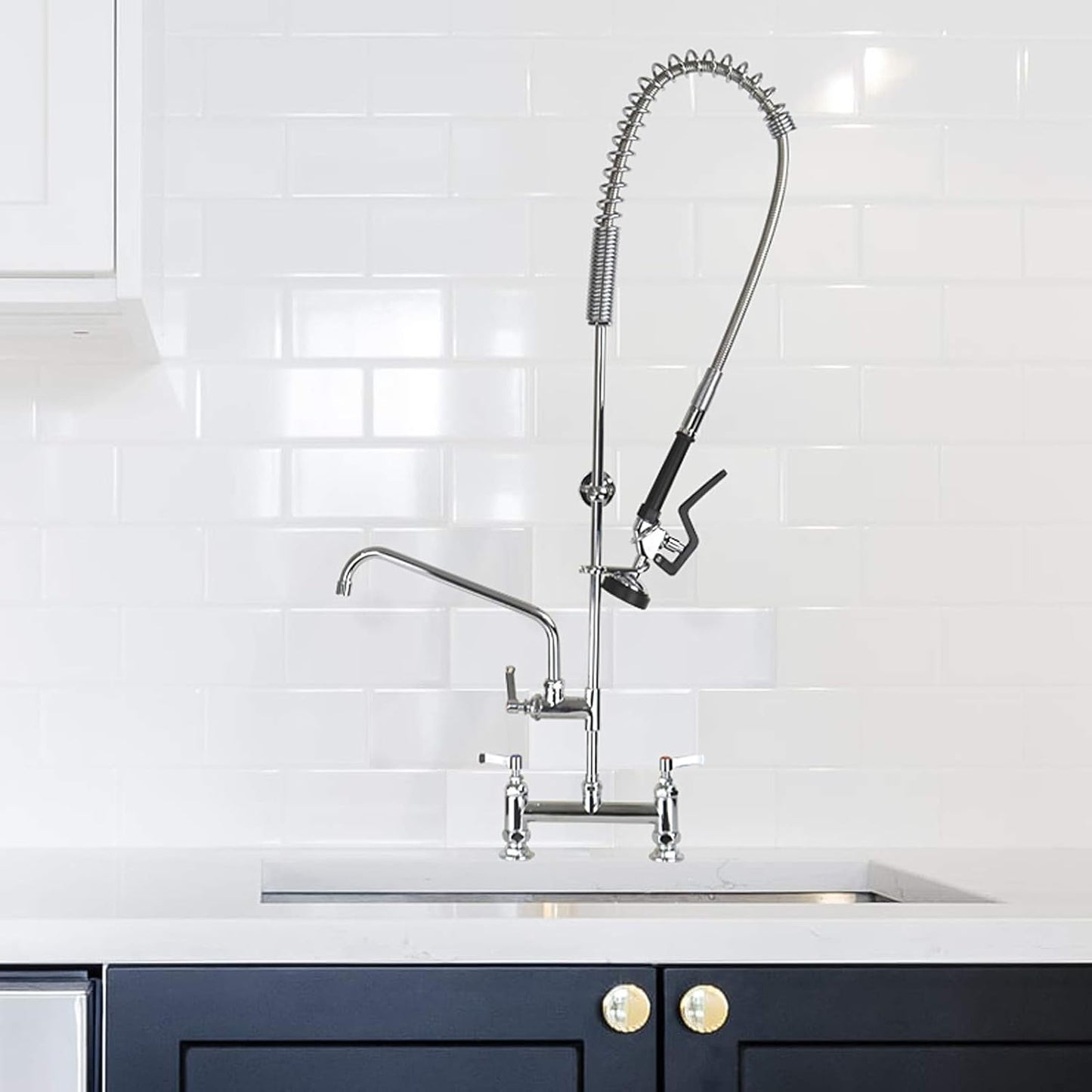 Commercial Kitchen Faucet Deck Mount 8’’ Center with Pre-Rinse Sprayer 44’’ Height Kitchen Sink Faucet with 12’’ Add-on Swivel Spout Faucet and Coiled Spring Pull Down Spray