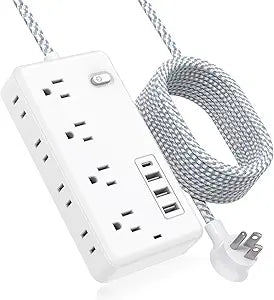 Extension Cord 10FT, Surge Protector Power Strip with 8 Widely Outlets 4 USB Ports, Flat Plug, Wall Mount Outlet Extender, Multiple Outlets for Indoor Home Office, Dorm Room Essentials