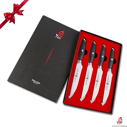 UO Steak Knife Set of 4-5 inch Serrated Steak Knives Kitchen Dinner Knife - German Stainless Steel Steak Set - Full Tang Pakkawood Handle - Falcon Series with Gift Box