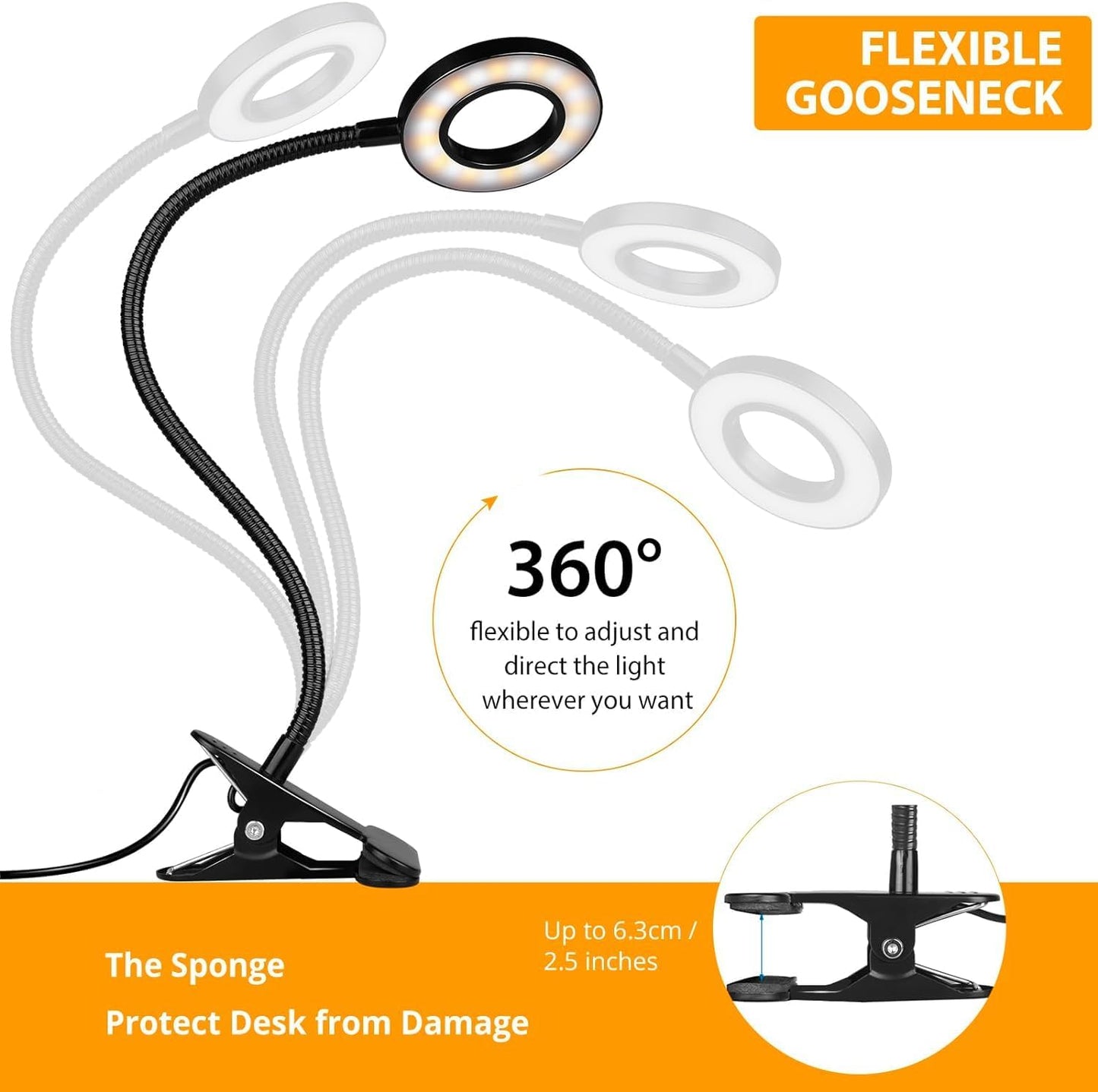 Desk Lamp, Eye Protection Clip on Ring Light, 48 LEDs USB Clip Light with 3 Color Modes 10 Dimmable Brightness, 360° Flexible Gooseneck Desk Light for Study, Read, Office, Dorm