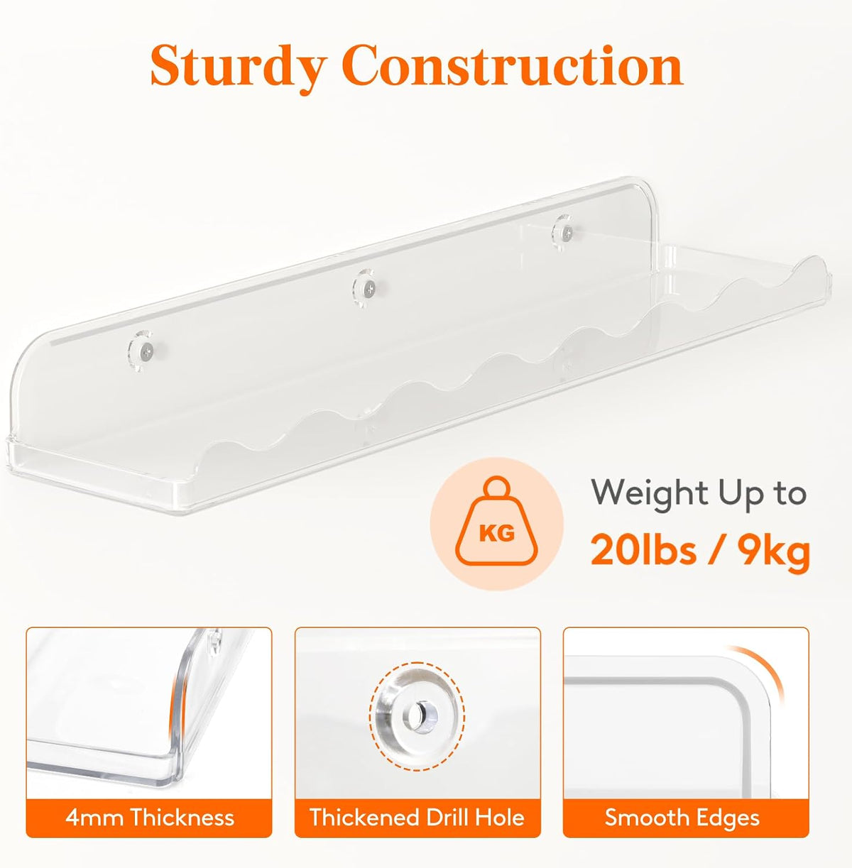 Kids Bookshelf 4 Pack, 15" Floating Shelves for Wall Mounted, Clear Nursery Book Toy Hanging Racks for Baby/Toddler/Children in Bedroom, Living Room Decor