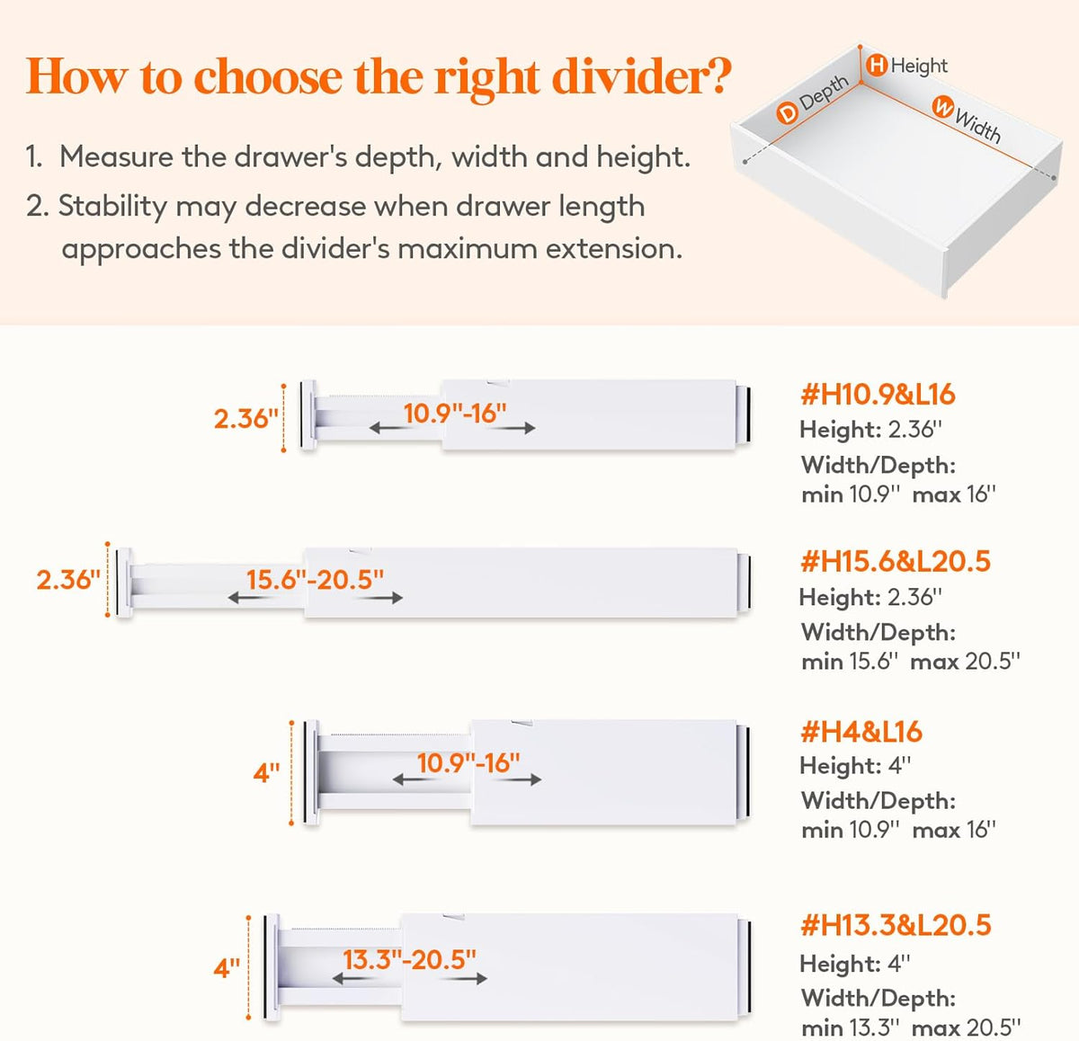 Adjustable Drawer Dividers, 4" High 10.9-16" Long, 5/8/14 Pack