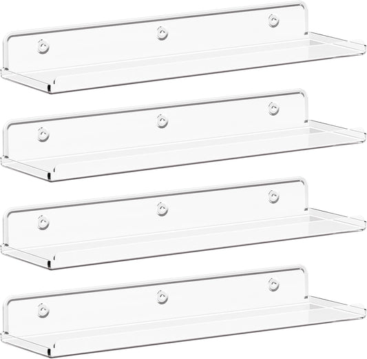 Lifewit Floating Shelves Wall Mounted, 4 Pack 15" Clear Acrylic Wall Organizer Kids Bookshelf Display Ledge Holder Decor for Perfume/Book/Magazine/Photo/Makeup/Figures in Bathroom Living Room Kitchen