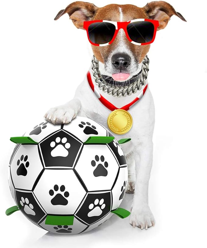 狗狗足球，互动趣味7.5英寸狗狗玩具球，室内外皆宜，带抓握拉环，适合小型和中型犬（25-75磅） 