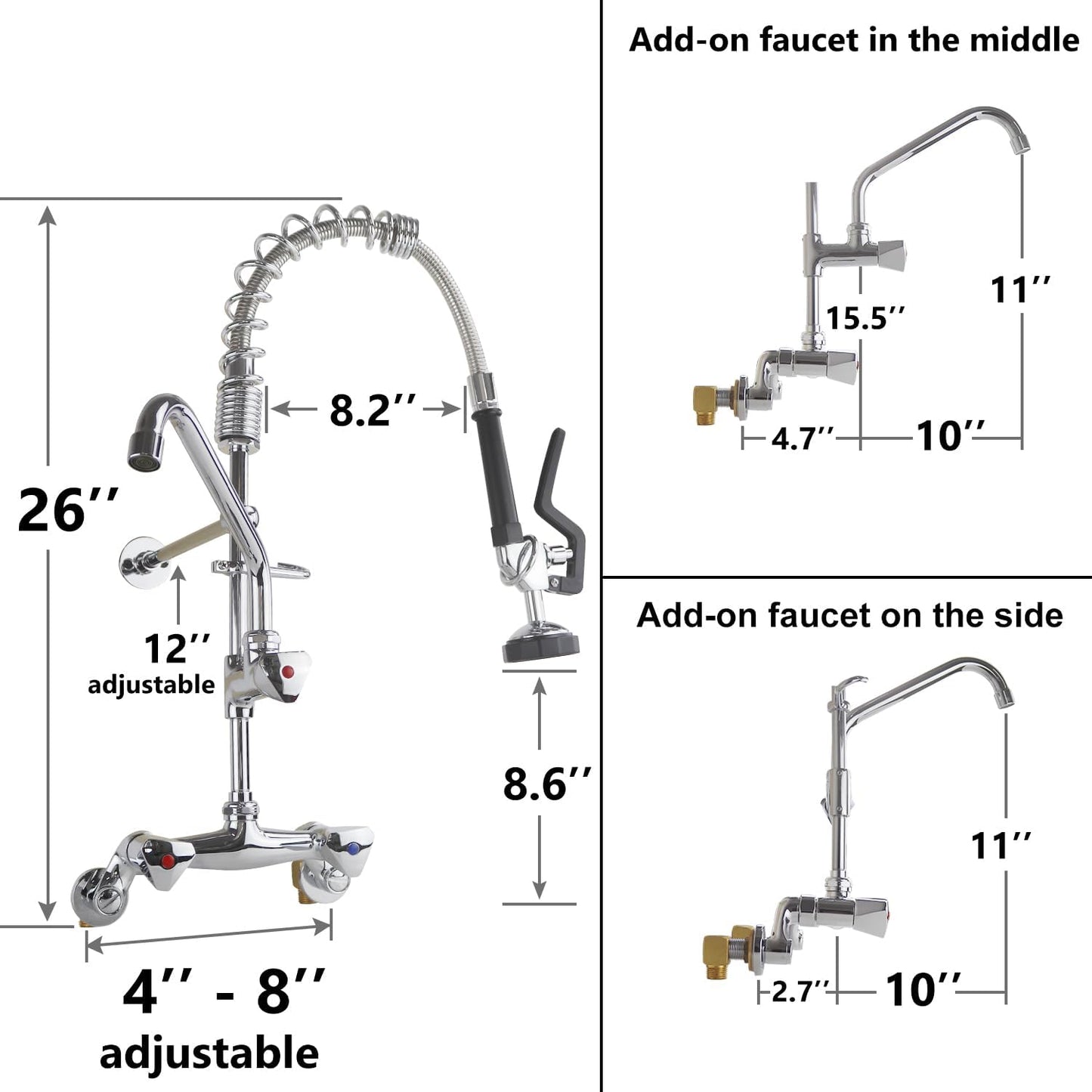 26’’ Commercial Faucet with Sprayer 8 Inch Center Commercial Kitchen Faucet Wall Mount Faucets with Pre-Rinse Sprayer and 10’’ Add-on Swivel Spout