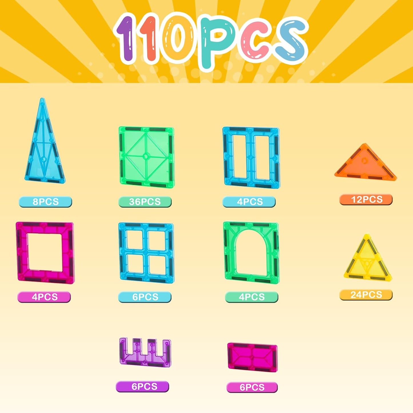 Magnetic Tiles, 110PCS Magnet Building Set, Magnetic Building Blocks,Construction STEM Toys for Kids, Gift for Boys Girls