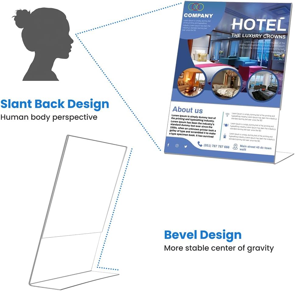 6 Pack Acrylic Sign Holder 8.5 x 11, Clear Plastic Display Stands for Tabletop, L-Shape Acrylic Stands for Flyers, Documents, Office, Restaurants, Vertical Sign Holder 8 x 11 for Desktop