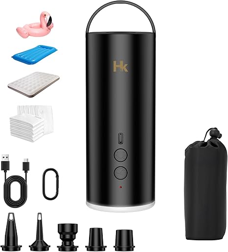 HK Air Pump for Inflatable with Light, Portable Electric Air Pump with Storage Bag, Cordless Type-C Rechargeable, Quickly Inflate Deflate for Camping, Inflatable Toys, Pool Floats Boats, Sleeping Pads