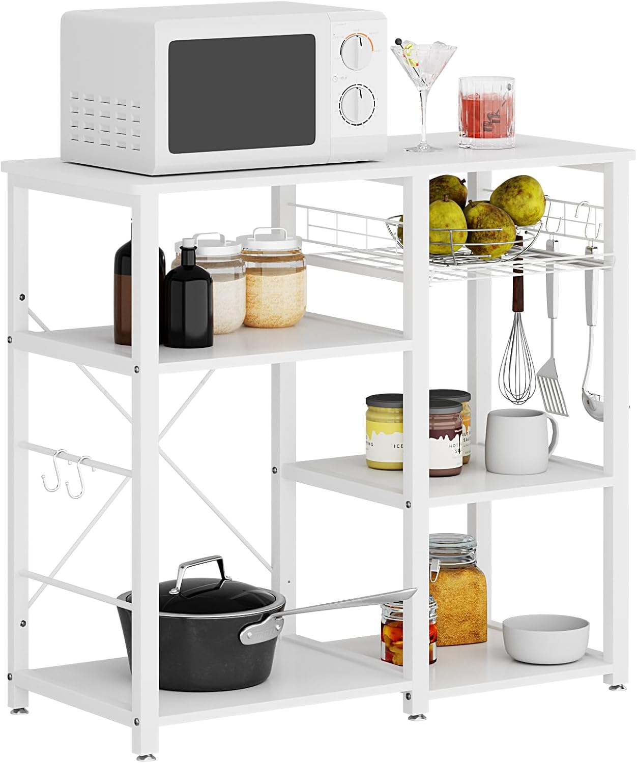 SDHYL Kitchen Storage Islands 3 Tier, 35 inch Bakers Rack Microwave Stand with 5 Storage Shelves Hanging Hooks, Kitchen Shelves Organizers Bakers Racks with Movable Basket, White
