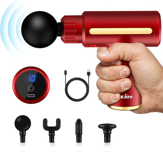 Sejoy Mini Massage Gun, Pocket-Sized Deep Tissue Massager Gun, Portable Percussion Muscle Massager Gun, Ultra Small & Quiet Muscle Massage Gun, USB Charging- for Home Gym Outdoors (red & blue))