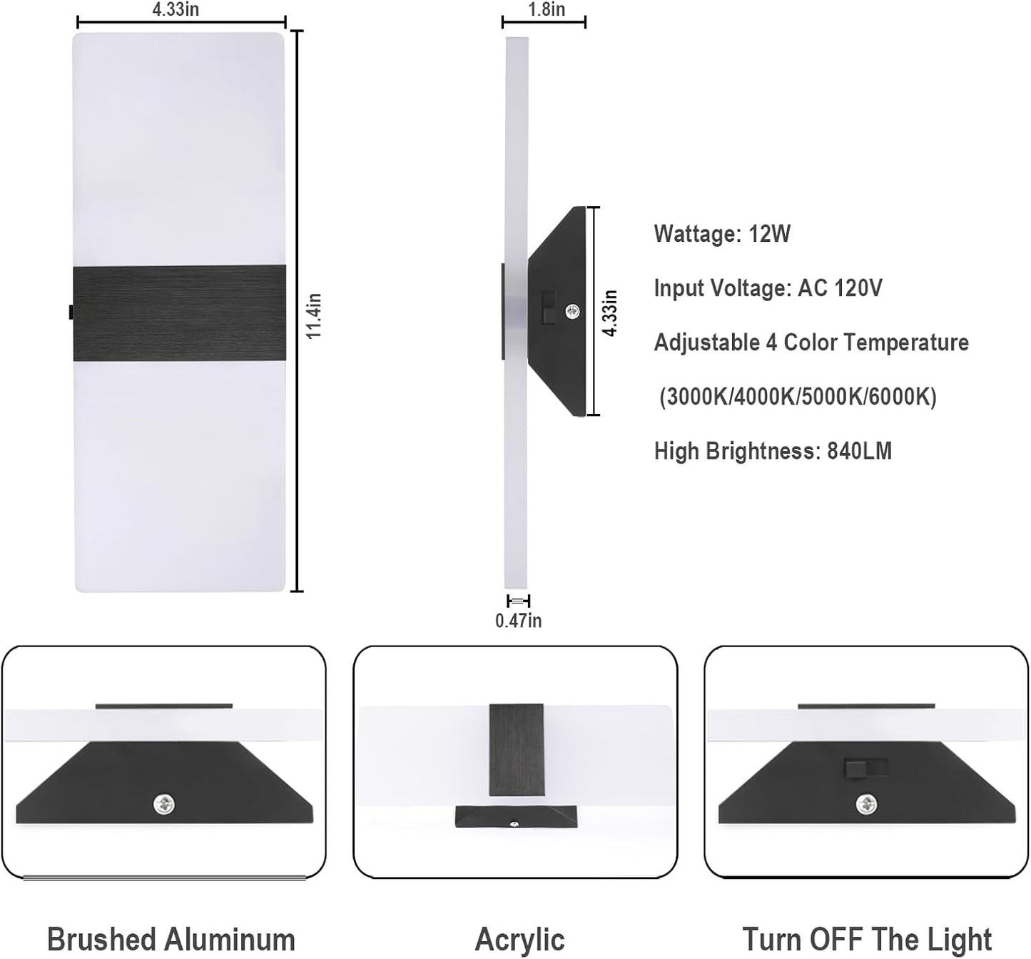 TRLIFE Dimmable LED Wall Sconces, 4 Color Temperature Modern Wall Sconce 12W Dimmable Wall Lights Set of 2 Wall Mounted Light for Bedroom Bedside Hallway Living Room Stairway(2 Pack, Black)