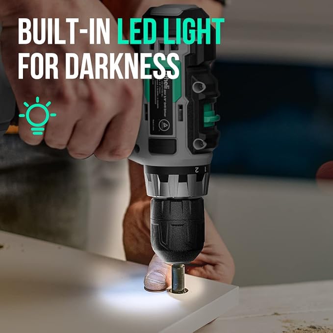 Litheli Cordless Drill Set, 20V Max Power Drill, 3/8” Keyless Chuck, 18+1 Torque Settings, Variable Speed, w/ 2.0 Ah Battery and 1 Hour Fast Charger Included