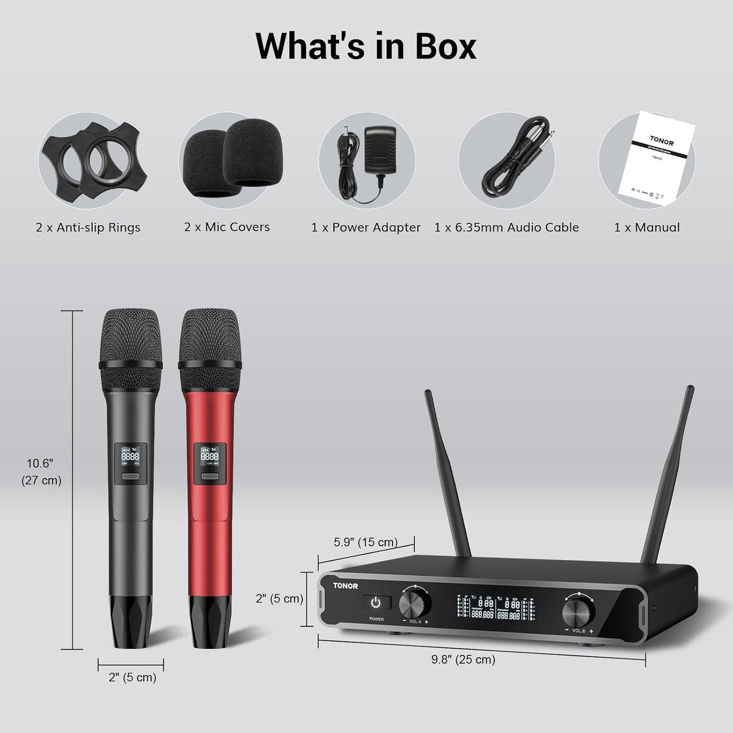 TONOR TW450 Karaoke Microphones Systems, UHF Dual Adjustable Channel Microphone Kit, Metal Handheld Dynamic Mic with Receiver for Karaoke, Church, Singing, DJ, PA, Grey&Red