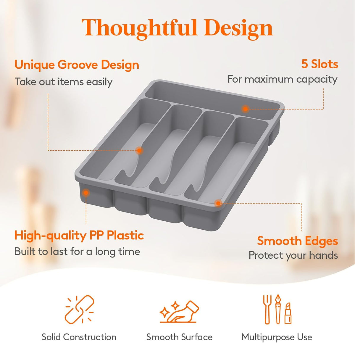 Small Cutlery Organizer for Kitchen, Expandable Cutlery Rack, Silverware Drawer Organizer and Utensil Holder Divider for Spoons Forks Knives Tableware, 5 Compartment, Gray