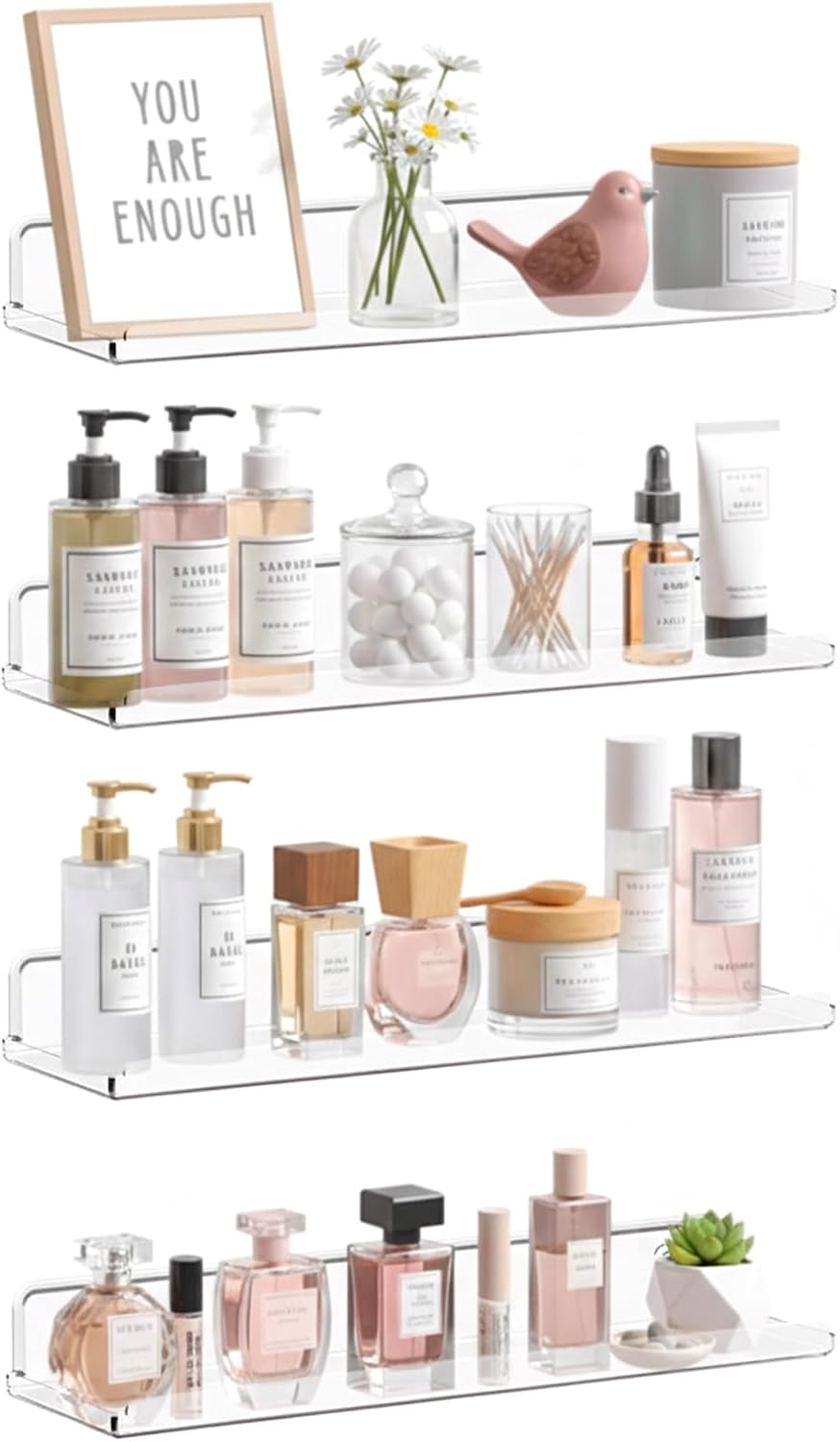 Floating Shelves Wall Mounted, 14" Clear Acrylic Organizer, 4 Pack