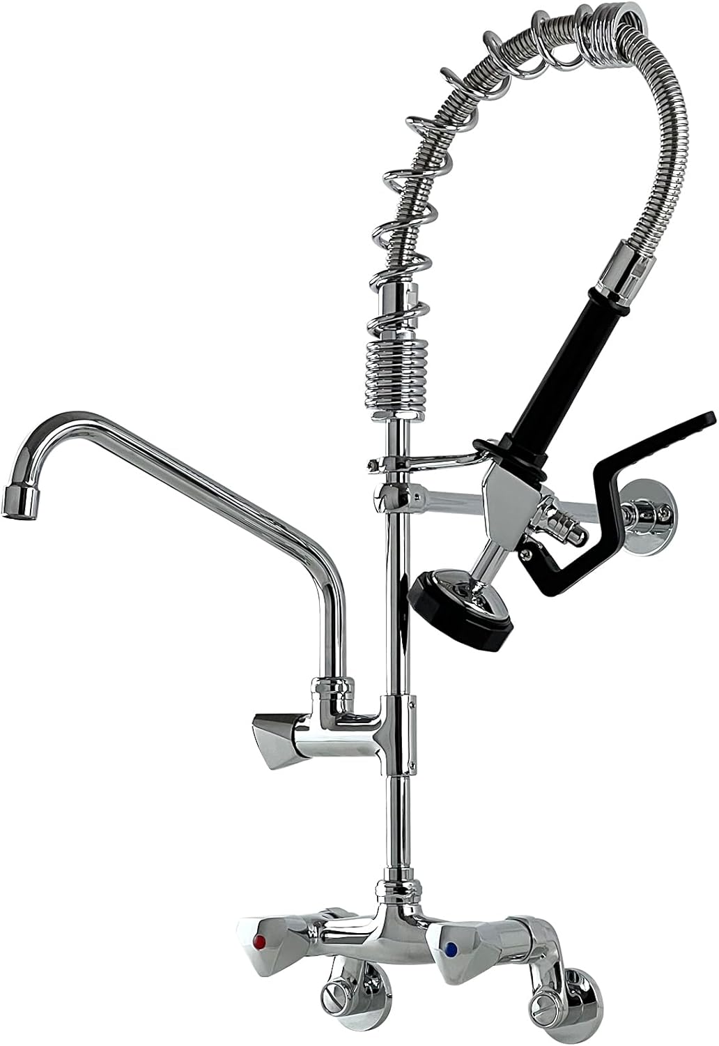 26’’ Commercial Faucet with Sprayer 8 Inch Center Commercial Kitchen Faucet Wall Mount Faucets with Pre-Rinse Sprayer and 10’’ Add-on Swivel Spout