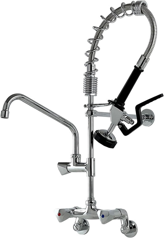 26’’ Commercial Faucet with Sprayer 8 Inch Center Commercial Kitchen Faucet Wall Mount Faucets with Pre-Rinse Sprayer and 10’’ Add-on Swivel Spout