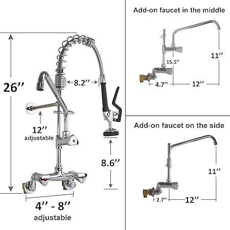 Commercial Kitchen Faucet Wall Mount with Pre-Rinse Sprayer 26" Height Wall Mount Kitchen Sink Faucet 4 to 8 Inch Center with Coiled Spring Pull Down Spray & 12" Add-on Swing Spout Faucet