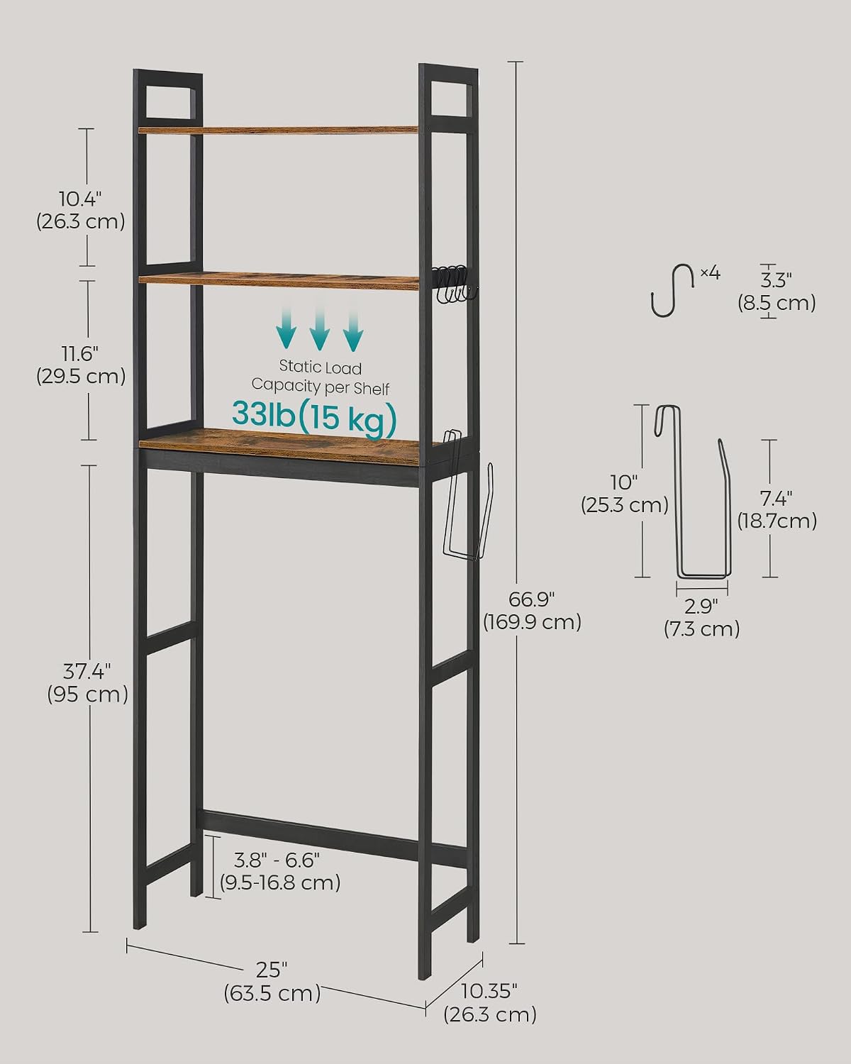 Over-The-Toilet Storage, 3-Tier Bathroom Organizer Over Toilet with Adjustable Shelves, Hooks, Bamboo, Freestanding Space Saver Bathroom Shelves, Rustic Brown and Ink Black