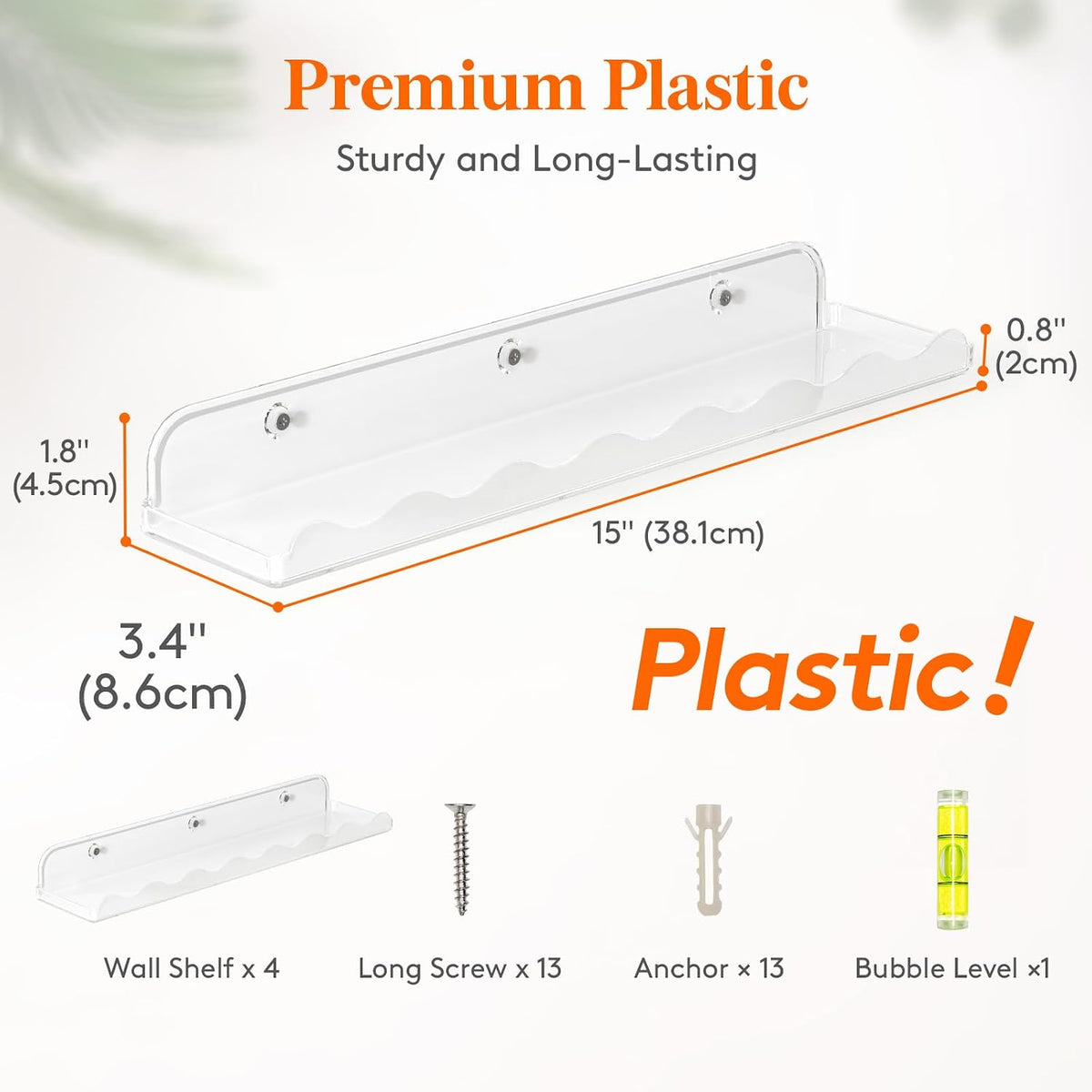 Kids Bookshelf 4 Pack, 15" Floating Shelves for Wall Mounted, Clear Nursery Book Toy Hanging Racks for Baby/Toddler/Children in Bedroom, Living Room Decor