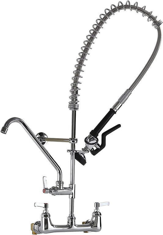 Commercial Faucet with Sprayer Kitchen Sink Faucet 36'' Height 8 Inch Center Commercial Wall Mount Faucet with Pull Down Pre-Rinse Sprayer and 9.7" Add-on Swing Spout, Perfect for 3 Bay Sink