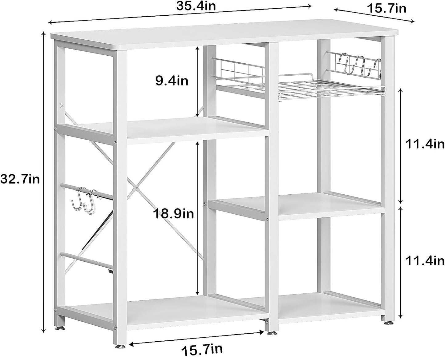 SDHYL Kitchen Storage Islands 3 Tier, 35 inch Bakers Rack Microwave Stand with 5 Storage Shelves Hanging Hooks, Kitchen Shelves Organizers Bakers Racks with Movable Basket, White