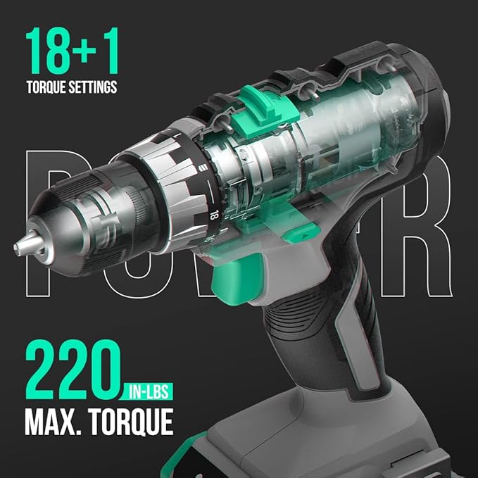 Litheli Cordless Drill Set, 20V Max Power Drill, 3/8” Keyless Chuck, 18+1 Torque Settings, Variable Speed, w/ 2.0 Ah Battery and 1 Hour Fast Charger Included
