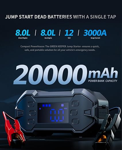 便携式汽车应急启动器 3000A 带空气压缩机 12V 电池启动器，适用于 8.0L 汽油和柴油发动机，可作为应急启动电源、充电器和移动电源使用，全天候适用。访问 GREEN KEEPER 商店