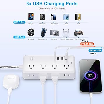 Extension Cord 10FT, Surge Protector Power Strip with 8 Widely Outlets 4 USB Ports, Flat Plug, Wall Mount Outlet Extender, Multiple Outlets for Indoor Home Office, Dorm Room Essentials