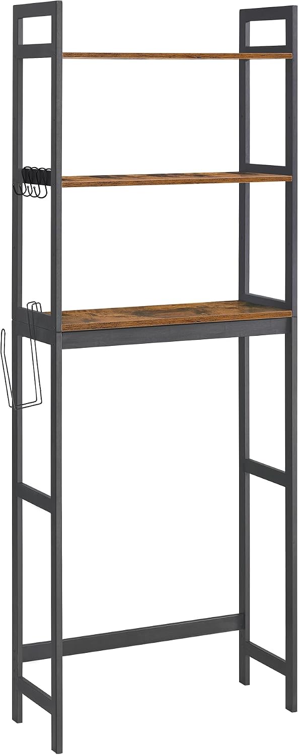 Over-The-Toilet Storage, 3-Tier Bathroom Organizer Over Toilet with Adjustable Shelves, Hooks, Bamboo, Freestanding Space Saver Bathroom Shelves, Rustic Brown and Ink Black