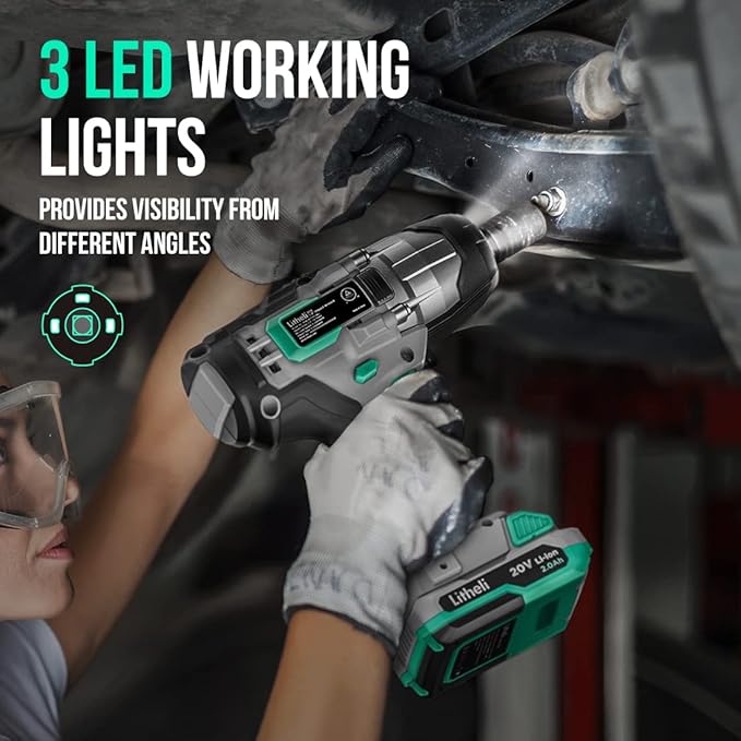 LiTHELi Impact Wrench Cordless, 1/2 inch Power Impact Wrenches Max Torque 320 ft-lbs(430N.m), 20V Impact Gun Kit with 2.0Ah Li-ion Battery ＆ Fast Charger, Electric Impact Gun for Car Tiers