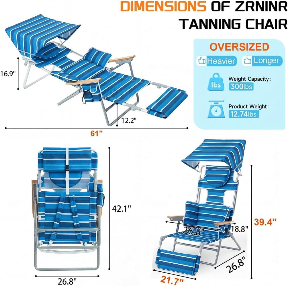 Backpack Beach Chair with Sun Canopy for Adults, Reclining Lounge Chair Tanning Chair with Face Hole and Cup Holder, 5-Position Foldable Camping Chair for Beach, Pool, Patio, Camping, Blue&White