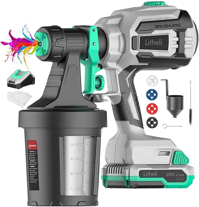 Litheli 20V Brushless Cordless Paint Sprayer, 200W High Performance HVLP Spray Gun with 1000ml/min Flow Rate, 3.12lbs Lightweight Power Painter with 2.0Ah Battery & 4 Nozzles for Walls, Fences, Decks