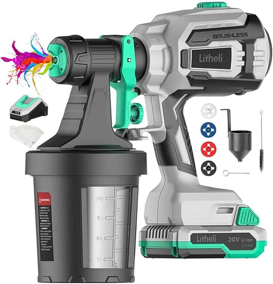 Litheli 20V Brushless Cordless Paint Sprayer, 200W High Performance HVLP Spray Gun with 1000ml/min Flow Rate, 3.12lbs Lightweight Power Painter with 2.0Ah Battery & 4 Nozzles for Walls, Fences, Decks