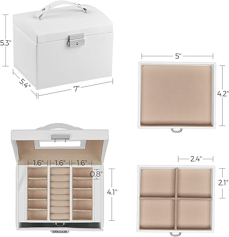 SONGMICS 3-Tier Jewelry Box, Lockable Jewelry Organizer, 2 Drawers, Travel Jewelry Case, White UJBC154W01