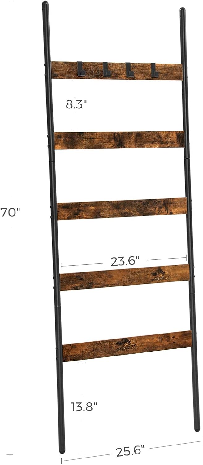 5-Tier Blanket Ladder Shelf, Wall-Leaning Rack with 4 Hooks, Rustic Brown