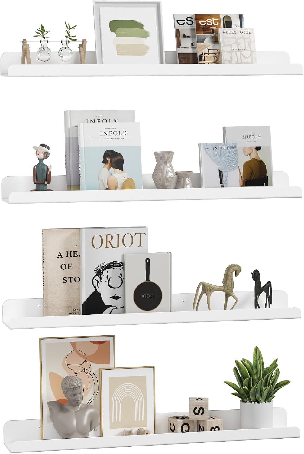 Lifewit Floating Book Shelves 24", 4 Pack White Acrylic Hanging Racks for Wall Mounted for Photos/Makeup/Skincare/Condiments/Figures in Bathroom, Bedroom, Kitchen, Living Room Decor