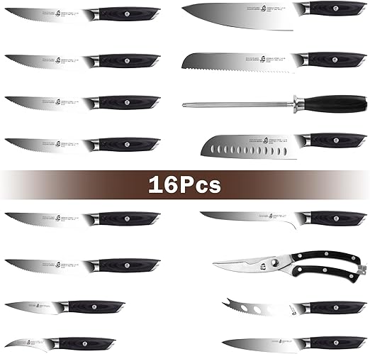 TUO Knife Block Set 17 PCS Kitchen Knife Set with Wooden Block, Honing Steel and Shears German X50CrMoV15 Steel with Full Tang Pakkawood Handle FALCON SERIES with Gift Box, Black