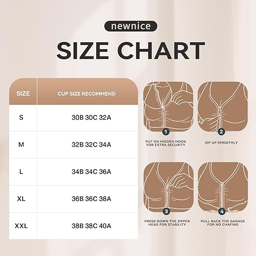 newnice Zip Front Push Up Sports Bras Women's Post-Surgery Bra for Gym Yoga Mastectomy - Wide Straps Wireless Medium Support