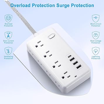 Extension Cord 10FT, Surge Protector Power Strip with 8 Widely Outlets 4 USB Ports, Flat Plug, Wall Mount Outlet Extender, Multiple Outlets for Indoor Home Office, Dorm Room Essentials