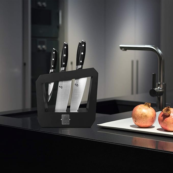 TUO Knife Block Set 7 Piece Kitchen Knife Set with Wooden Block, Chef Knife, Paring Knife Cooking Knife Pakkawood Handle - German HC Steel - Black Hawk Series with Gift Box