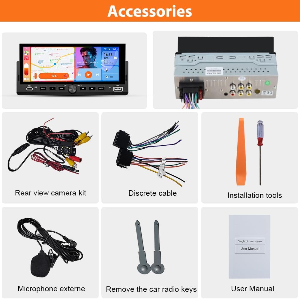 Single Din Car Stereo, 6.86 Inch CarPlay & Android Auto HD IPS Touchscreen Radio with Bluetooth with Backup Camera, Support USB Type-C Charging/USB/Mirror Link/Microphone/FM/EQ